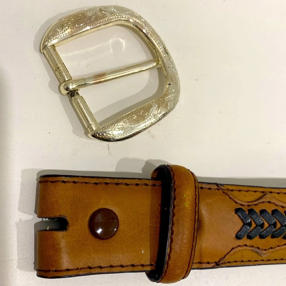 Nocona Western Leather Belt ~ Woven Inlay, Silver Conchos Interchangeable Buckle
